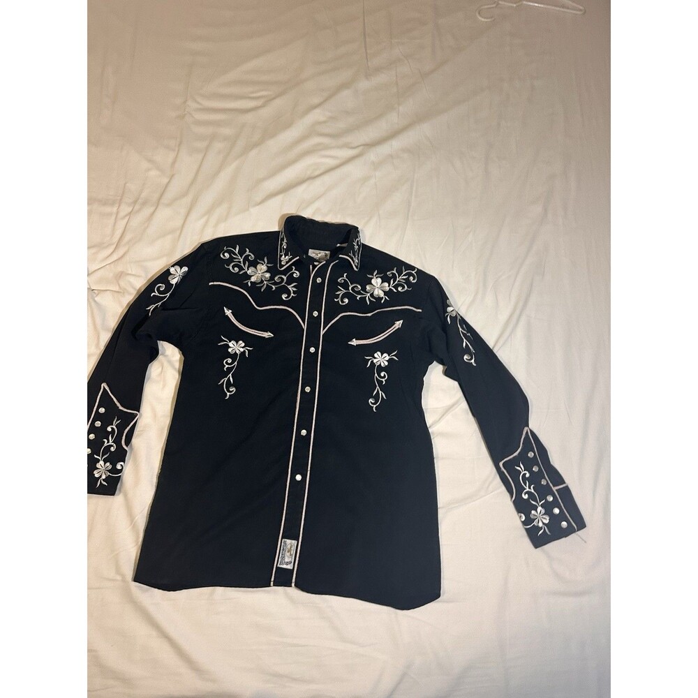Panhandle Slim Retro Western Wear Black Embroidered Pearl Snap Shirt Size M